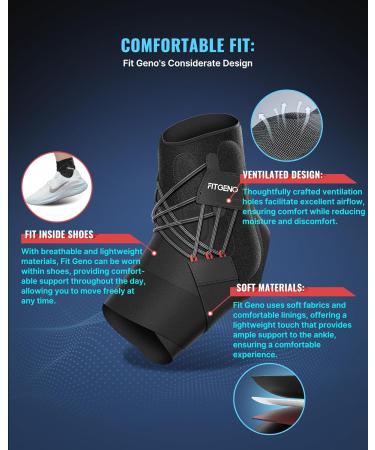 Fit Geno Ankle Stabilizer Brace for Sprained Ankles | Adjustable Breathable Support for Men & Women - Right Medium/Large Black - Buy Online on GoSupps.com