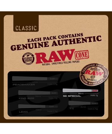 RAW Cones Classic 98 Special | 50 Pack | Natural Pre Rolled Rolling Paper with Tips & Packing Tubes Included - Buy Online on GoSupps.com