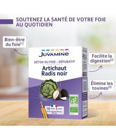 JUVAMINE - Artichaut Radis Noir - Detox du foie - D puratif Bien- tre du foie - D toxification - Confort Intestinal - 10 ampoules x 10 ml - Programme 10 jours- Certifi BIO - Fabriqu en France - Buy Online on GoSupps.com