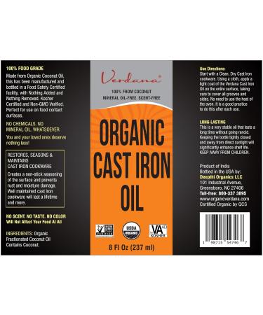 Buy Verdana Organic Cast Iron Seasoning & Cleaning Oil - Food Grade Kosher Non-GMO 100% Coconut Oil - Rust Prevention & Care for Cast Iron Cookware - 8 Fl Oz - Buy Online on GoSupps.com