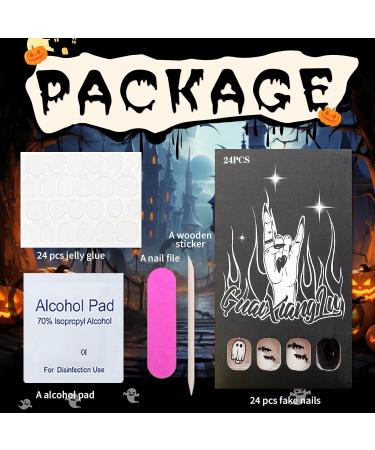 Haunted Halloween Press-On Nails | Short Oval Black Acrylic with Spooky Bat & Checkered Designs | 24 Pcs Full Cover for Women - Buy Online on GoSupps.com