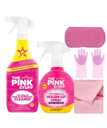 All Purpose Pink Cleaning Products - Includes Pink Stuff Miracle Wash Up Spray & The Miracle Multi-Purpose Cleaner bundled with All Pink Rubber Gloves Sponge & Microfiber Cleaning Cloth.