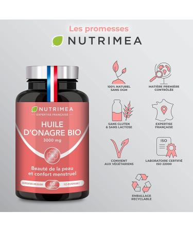 Organic Evening Primrose Oil - 1500 mg including 135 mg of GLA - Cold Pressure 100% Natural - Premenstrual Comfort and Skin Beauty - Premium Quality - 60 Capsules - Nutrimea - Made in France - Buy Online on GoSupps.com