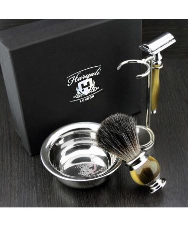 Premium HARYALI LONDON Men's Shaving Set - Simulated Horn & Nickel | Safety Razor & Synthetic Brush | Perfect for Grooming - Buy Online on GoSupps.com