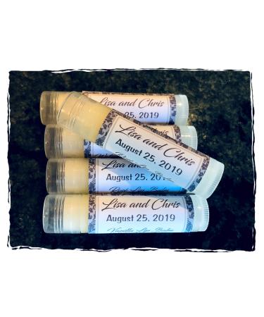 20 WEDDING Personalized Lip Balms in a Grey Damask Background - Vanilla