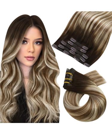 Moresoo Clip in Hair Extensions Real Human Hair Brown Clip in Real Hair Extensions Dark Brown to Chestnut Brown with Platinum Blonde Clip in Human Hair Extensions 10 Inch 5 Pcs/70g #4/6/613 25 cm #4/6/613