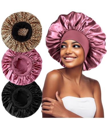 3PCS Extra Large Satin Bonnets for Sleeping, Hair Bonnets for Black Women Braids Curly Hair, C C-black, Rose Gold, Leopard