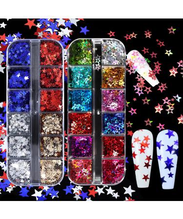 2 Boxes Star Nail Glitters  Red Blue Silver Star Nail Art Glitter Sequins  Mixed Star and Hollow Star Nail Flakes  4th of July Nail Art Decorations