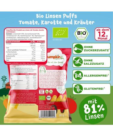 Buy Pumpkin Organics Bio Linsen Puffs with Cheese & Chives - Gluten-Free Baby Snacks (8-Pack) | Additive-Free Children's Crispy Treats (8x20g) - Buy Online on GoSupps.com