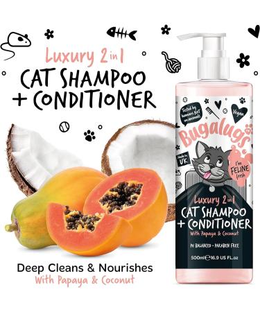 Bugalugs 2 in 1 Cat Shampoo & Conditioner. Cleansing nourishing and conditioning for all cat hair. Papaya & Coconut calming scent. For all cats and kittens. cat & kitten grooming (500ml Shampoo) - Buy Online on GoSupps.com