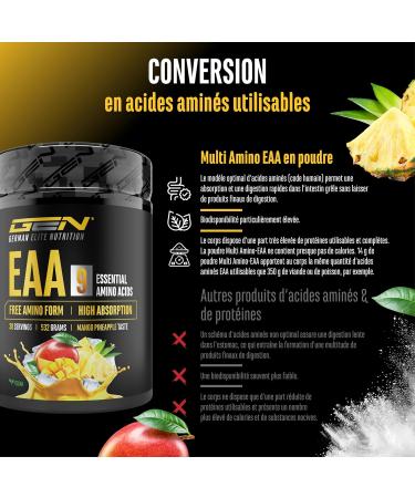  GEN GERMAN ELITE NUTRITION EAA Powder 532g (38 servings) - All 9 essential amino acids including histidine & BCAAs - Human Code formula - Vegan - Very good solubility - Refreshing amino acid drink (Mango Pineapple) - Buy Online on GoSupps.com
