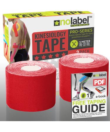 NO LABEL Red Pre Cut Kinesiology Tape - 5m Roll Pre-Cut Red Body Tape - Red Sports Tape - Red Medical Tape - Red Physio Tape - Red Muscle Tape For Muscle Recovery - Free PDF Ebook Taping Guide Red 2 x Rolls