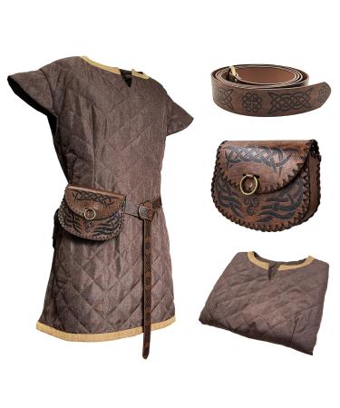 Hiifeueuer Medieval costume Tunic with vintage belt and bag mercenary knight clothing armor Renaissance larp cosplay set for Larp ren Faire and Halloween XL Braun