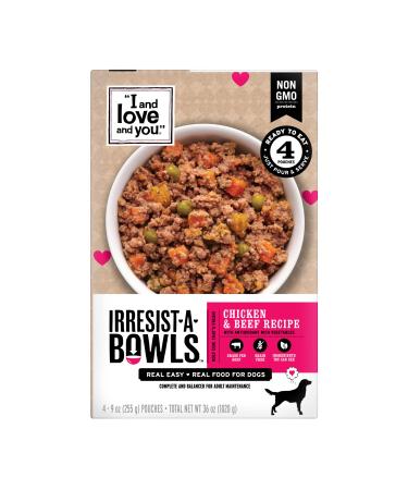 I and love and you Irresist-A-Bowls Wet Dog Food, Chicken and Beef Recipe, Ready to Serve, Grain Free, Real Meat, No Fillers, 9 oz Pouches, Pack of 4 Pouches
