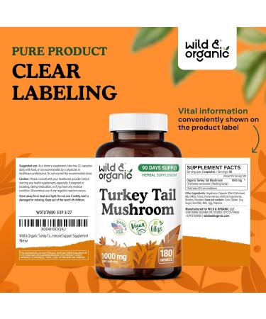 Wild & Organic Turkey Tail Mushroom Capsules 1000 mg - Immune Support - Turkey Tail Mushroom Powder Supplement - Coriolus Versicolor Mycelium Extract - Vegan No Fillers Non-GMO - 180 Count 180 Count (Pack of 1) - Buy Online on GoSupps.com