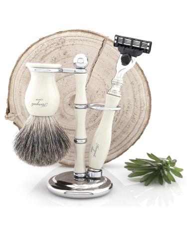 Shaving Kit - 3 Pc Shaving Kit - 3 Edge Shaving Blade Shaving Razor - Best Badger Shaving Brush - Shaving Stand - White Color Shaving Set as a Gift Set Ivory
