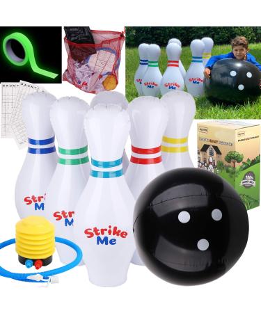 Giant Inflatable Kids Bowling Set - 6 27" Jumbo inflatable bowling pins - 1 24" Yard Bowling Ball -30"Glow Tape-1 Foot Pump-1 Mesh Bag-10 Score Sheet-Indoor Outdoor Lawn Bowling set for Adult Kids