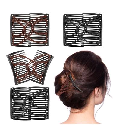 Thinp 4 Pieces Hair Combs for Women Accessories Elastic Hair Clip Combs Bandette Comb with Elastic Band Double Comb Hair Clip Hair Styling Tool for Women Thick Curly Thin Hair (Black Brown)