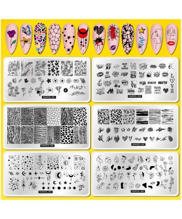 Flower Leaf Nail Stamping Plate 6 Pcs Nail Stamp Plates with Leopard Print Heart Stripe Holiday Nail Stamping Plate Space Star Nail Art Stamping Plates Face Nail Stamper Plate Nail Art Templates
