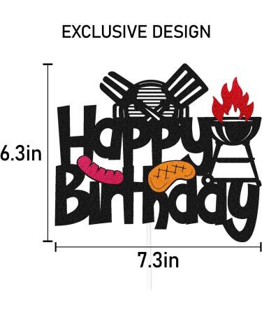 Barbecue Cake Topper for BBQ Sausage Roti Grill Cooking Theme Happy Birthday Cake Decorations Kids Boy Girl Bday Party Handmade Double Side Glitter Black Supplies Decor - Buy Online on GoSupps.com