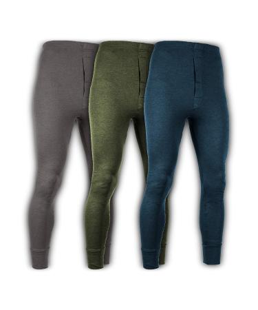 Andrew Scott Men's 3 Pack Premium Cotton Base Layer Long Thermal Underwear Pants 3 Pack- Charcoal / Olive / Legion Blue XX-Large