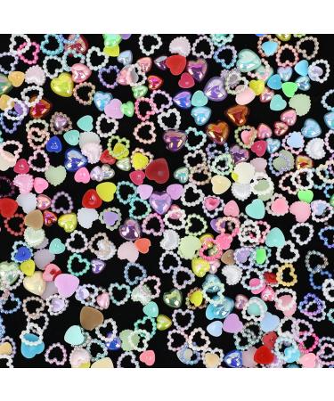400PCS Pearl Hearts for Nails Hollow Heart Nail Charms Mixed Shapes Hollow Flatback Heart Pearls Nail Beads Multicolor Pearls 3D Nail Art Charms for DIY Nail Accessories Nail Art