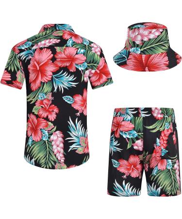 EISHOPEER Men's Hawaiian Flower Print Shirt and Shorts Set - Black & Red - Large (With Hat) - Buy Online on GoSupps.com