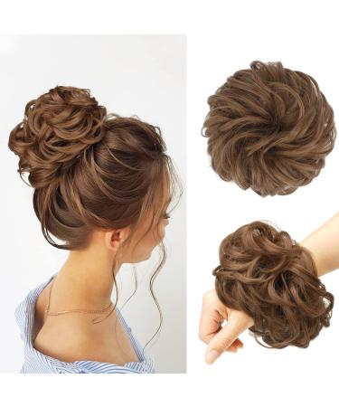 FESHFEN Messy Bun Hair Piece Hair Scrunchies Thick Curly Wavy Hair Piece Synthetic Donut Updo Hairpieces for Women Girls Light Golden Brown 55 g (Pack of 1) 55 g (Pack of 1) 12# Light Golden Brown