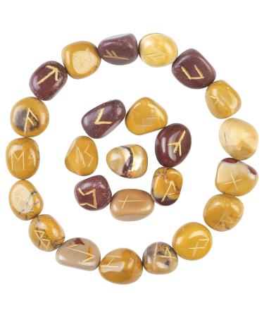 Crocon Mookaite Jasper Rune Stones Set Engraved with Elder futhark Crystal Runes Set Reiki Healing runas for Meditation Chakra Balancing Rune Stone for Beginners with Crystal Guide & Pouch 15-20 mm
