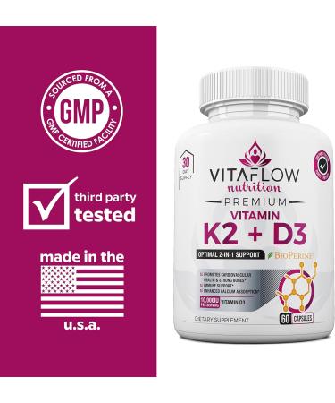 VITAFLOW Nutrition Vitamin K2 and D3 Supplements - 60 Capsules | Supports Better Calcium Absorption and Cardiovascular Health | 30 Day Supply - Buy Online on GoSupps.com