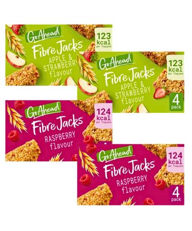 Flapjack Bars Bundle with 2 x Go Ahead Fibre Jacks Raspberry and 2 x Go Ahead Fibre Jacks Applle & Strawberry | 2 Cereal Bars Flavours 4 Breakfast Bars Packs 16 Go Ahead Bars