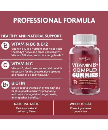 NEW AGE Vitamin B Complex Gummies with B3, B5, B6, B7, B9, B12, Biotin, Folic Acid, Vitamin C - 120 Count (2-Pack) | Gluten-Free Vegan Formula - Buy Online on GoSupps.com