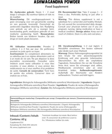 Cupplement | Ashwagandha | Powder | 60g | Organic | Adaptogen | Natural | Withanolides | Free Scoop - Buy Online on GoSupps.com