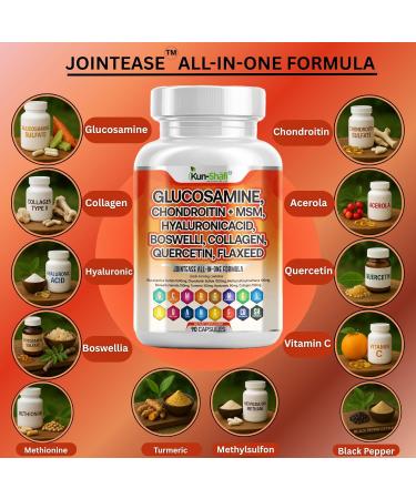 Kun Shafi Glucosamine Chondroitin MSM Supplement with Hyaluronic Acid, Collagen, Boswellia, Turmeric, Quercetin & Flaxseed Joint Support Complex for Mobility & Flexibility for Men & Women 90 ct - Buy Online on GoSupps.com