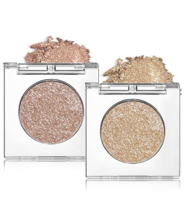 CAHIUYOA 2PCS Glitter Shimmer Eyeshadow Palette Korean Eye Glitter Makeup Sparkle Single Eyeshadow Highly Pigmented Glitter Eye Shadow Powder Makeup Palette