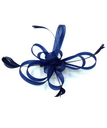 Ladies Feather Comb Fascinator Ladies Day Races Royal Ascot Hair Piece Fascinator (Navy Blue)