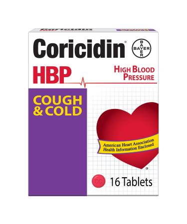 Coricidin HBP Decongestant-Free Cough and Cold Medicine for Hypertensives, Cold Symptom Relief for People with High Blood Pressure (16 Count) 16 Count (Pack of 1)