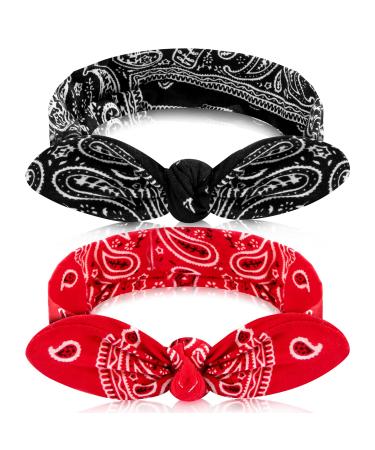 2 Pieces Red Head Scarf for Women Retro 1940s Head Scarf Bandana Headband Black Boho Bow Headbands Vintage Rabbit Ear Hairband Girls Hair Accessories (Boho Bow Pattern) - Buy Online on GoSupps.com