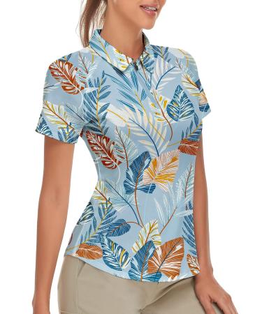 Women's Golf Shirt Short Sleeve Tennis Shirt Quarter Zip Golf Pullover Golf Polo Shirts Argyle Summer Dry Fit Tops Large Blue-floral Print