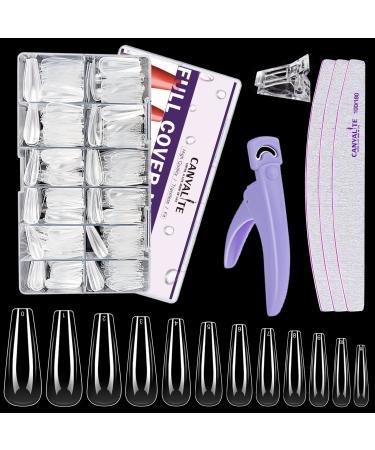 Canvalite Coffin Nail Tips for Acrylic Nails Professional Clear Nail Tips 504 Pcs Full Cover Ballerina Fake Nails with Acrylic Nail Clippers and Nail Files 100/180 Grit for Nail Salons and DIY Nail Art 12 Sizes 504PCS Coffin