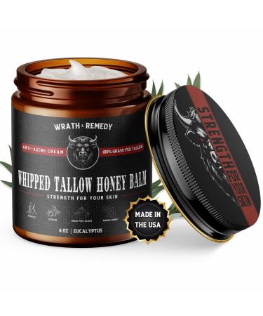 Wrath & Remedy Handmade Whipped Organic Beef Tallow for Skin Grass Fed Beef Tallow and Honey Balm for Silky Sensitive-Skin Free of Harsh Chemicals & Ideal for Eczema Rosacea - 4 OZ (Eucalyptus)