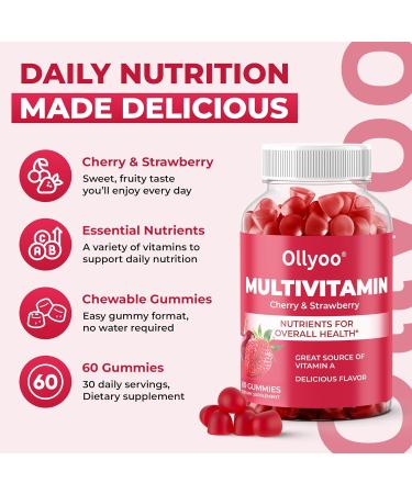 Ollyoo Adult Multivitamin Gummies | Men & Women | Cherry & Strawberry Flavor | Vitamin A C D E B6 B12 | Supports Overall Health | 60 Count - Buy Online on GoSupps.com