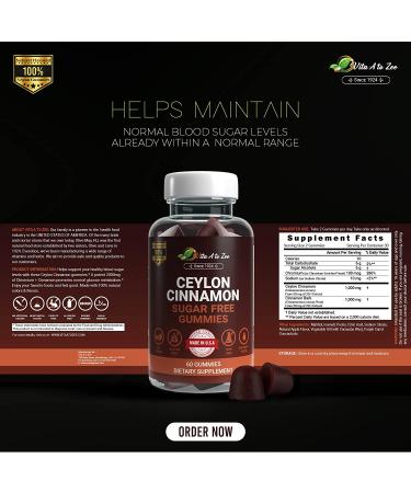 Vita A to Zee Ceylon Cinnamon Gummies - Sugar Free 60 Count 2000 MG - Healthy Blood Sugar Levels & Joint Support - Antioxidant for Sugar Metabolism - Gluten Free & Vegan - Buy Online on GoSupps.com