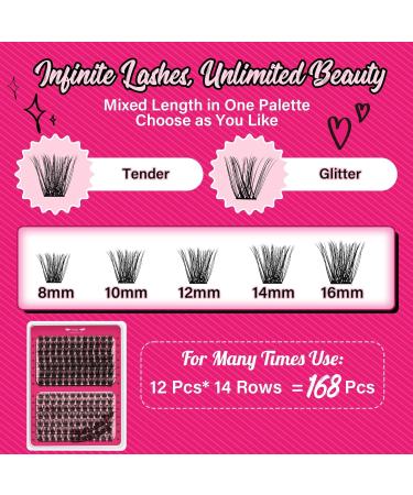 Lash Clusters Kit - DIY Eyelash Extensions with 168 Pcs Individual Lashes, Bond, Seal, Applicator & Remover - Beginner Eyelash Extension Kit (Tender+Glitter) - Buy Online on GoSupps.com