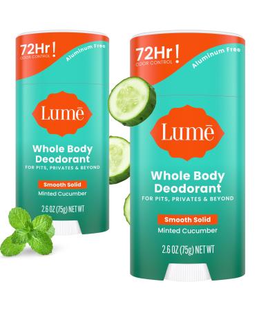 Lume Whole Body Deodorant - Smooth Solid Stick - 72 Hour Odor Control - Aluminum Free Baking Soda Free and Skin Safe - 2.6 Ounce (Pack of 2) (Minted Cucumber) Minted Cucumber 2.6 Ounce (Pack of 2)