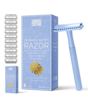 JUNGLE CULTURE Blue Womens Safety Razor  Single Blade Razor with 10 Double Edge Blades & Bag  Perfectly Weighted Metal Razor  DE Razor for Body & Face  US/UK Company 1 Count (Pack of 1) Azure Blue