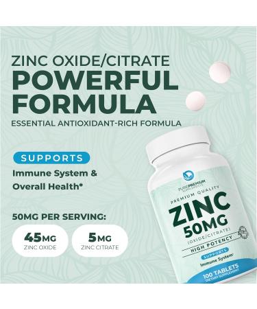 PurePremium Zinc 50mg Supplement - Antioxidant Formula with Zinc Oxide/Citrate - Non-GMO Immune Support for Men & Women - 100 Tablets - Buy Online on GoSupps.com