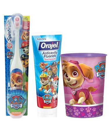 Paw Patrol Skye Toothbrush & Toothpaste Bundle: 3 Items - Spinbrush Toothbrush, Orajel Bubble Berry Toothpaste, Kids Character Rinse Cup