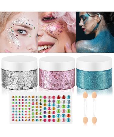 Creamify Face Body Glitter Gel - Pink, Silver & Blue Glitter with Gems Sticker - Rave & Mermaid Makeup - 65g - Buy Online on GoSupps.com