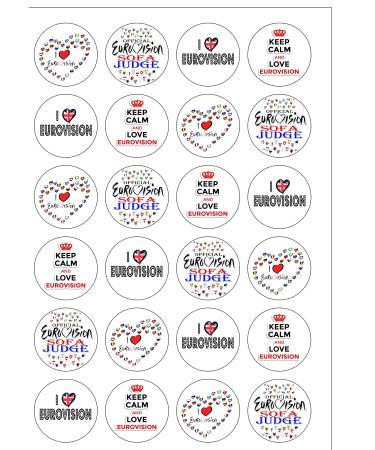 24 Precut Round I Love Eurovision Song Contest Edible Wafer paper Cake Toppers Decorations